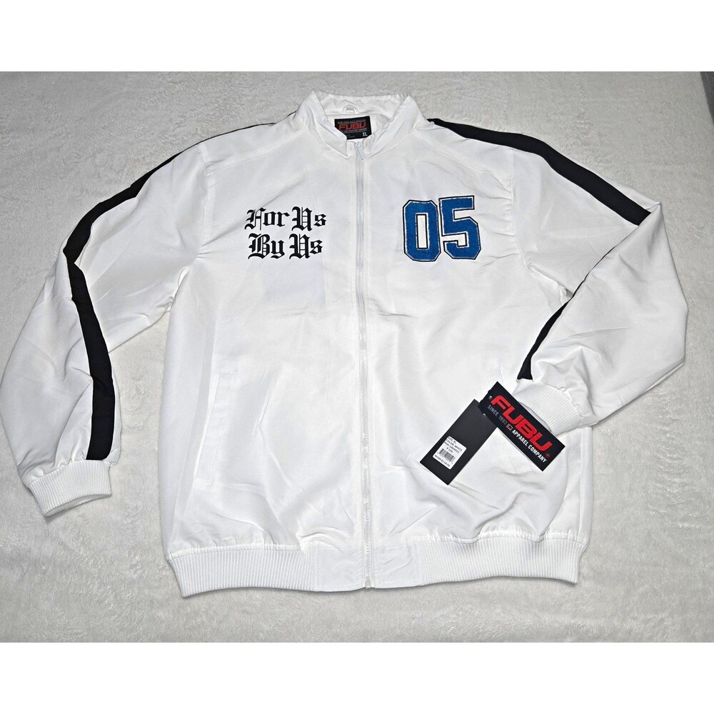NWT FUBU Mens Track Jacket White Blue For Us By Us Chenille Patch XL Y2K Rare
